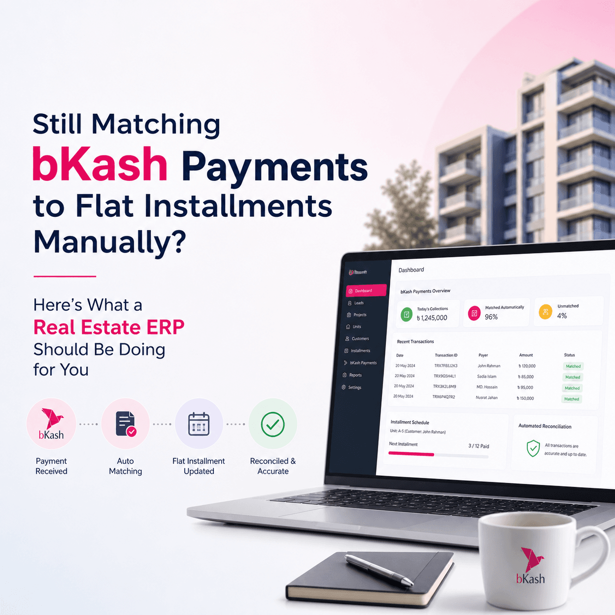 You are currently viewing Still Matching bKash Payments to Flat Installments Manually? Here’s What a Real Estate ERP Should Be Doing for You